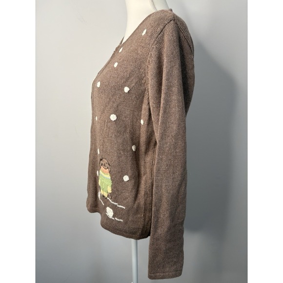 Crazy Horse Liz Claiborne Petite L Brown Full-Zip Sweater Snow Embroidered Dogs - Picture 2 of 11
